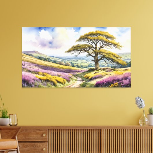 Landelijk Uitzicht met eikenboom, heuvels en heide Canvas Afdruk (Insitu (Woonkamer))