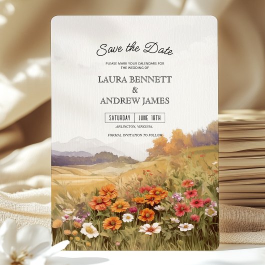 Landelijk wilde bloemen landschap save the date kaart