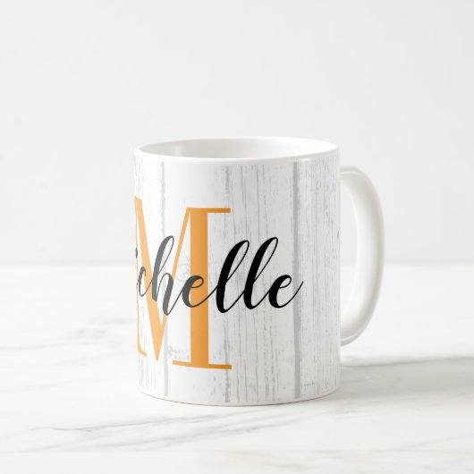 Landelijk wit houtnerfprint met eigen monogram koffiemok (Voorkant rechts)