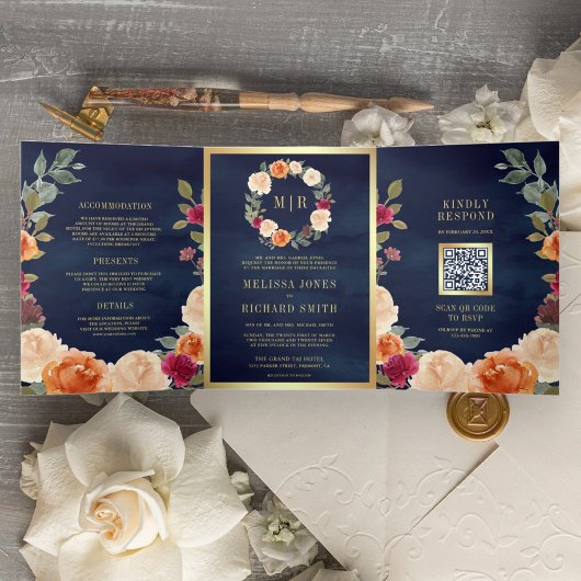 Landelijke Aardse Bloemenkrans QR Code Marine Huwe Drieluik Uitnodiging