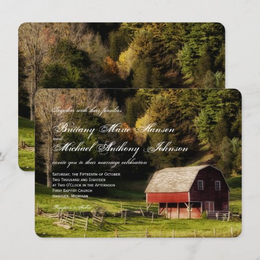 Landelijke Barn Trees Rustic Wedding Invitation Kaart (Voorkant / Achterkant)