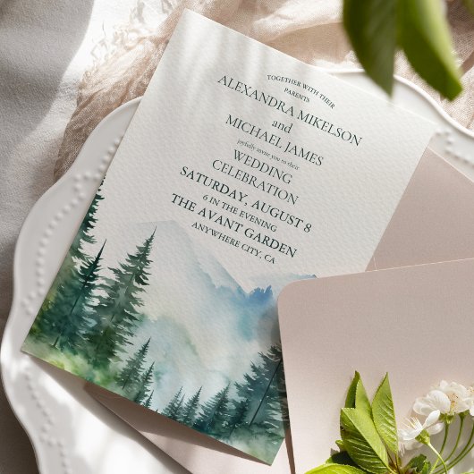 Landelijke bergbos groenblijvende boom bruiloft kaart