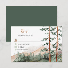 Landelijke bergen bos den spar bomen bruiloft RSVP kaartje
