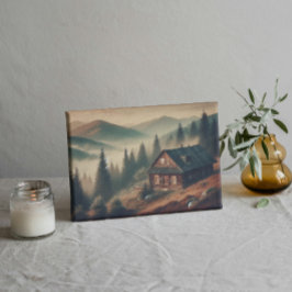"Landelijke berghut in mist – Vintage bos" Canvas Afdruk