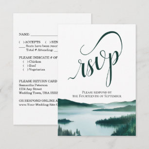 Landelijke bergmeer elegante script bruiloft RSVP kaartje
