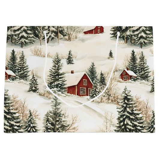 Landelijke Besneeuwde Bosdorp Rode Witte Kerstmis Groot Cadeauzakje (Voorkant)