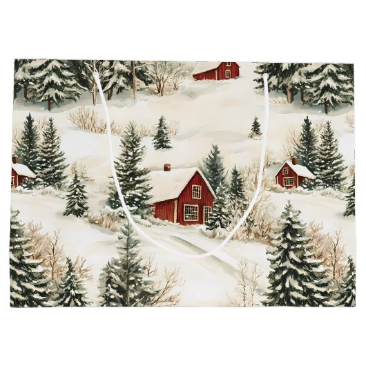 Landelijke Besneeuwde Bosdorp Rode Witte Kerstmis Groot Cadeauzakje (Achterkant)