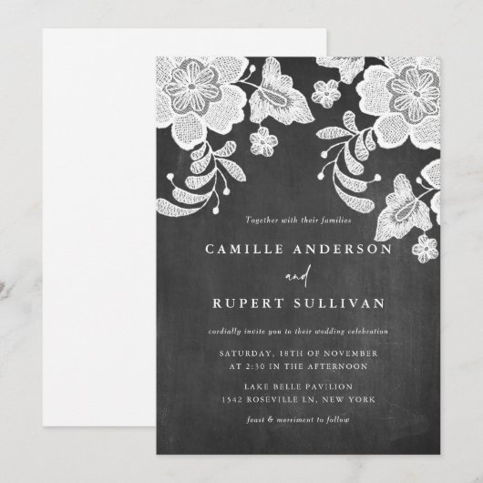 Landelijke bijtende Florale kant op Chalkboard Wed Kaart (Voorkant / Achterkant)