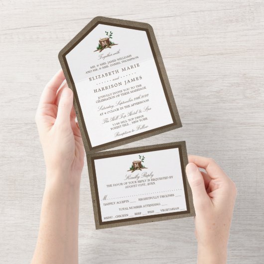 Landelijke bijtende monogramboom en bunkerbruiloft all in one uitnodiging (Afscheurbaar)