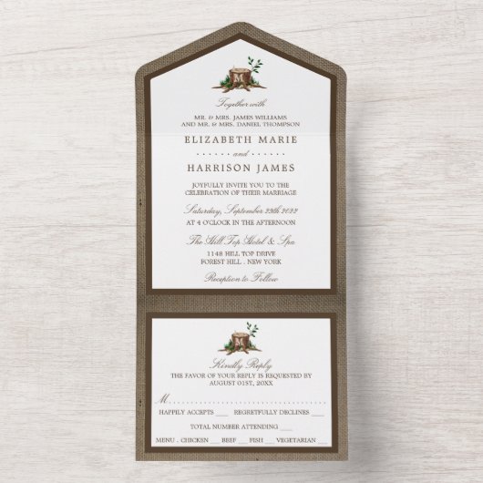 Landelijke bijtende monogramboom en bunkerbruiloft all in one uitnodiging (Binnen)