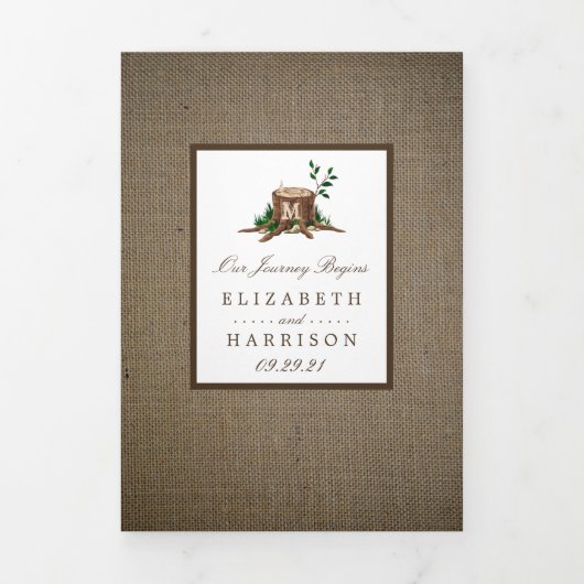 Landelijke bijtende monogramboom en bunkerbruiloft drieluik uitnodiging (Cover)