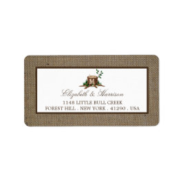 Landelijke bijtende monogramboom en bunkerbruiloft etiket