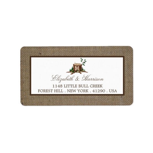 Landelijke bijtende monogramboom en bunkerbruiloft etiket (Voorkant)