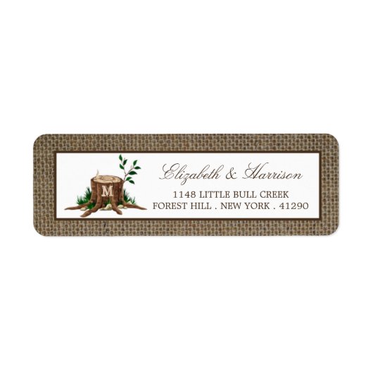 Landelijke bijtende monogramboom en bunkerbruiloft etiket (Voorkant)