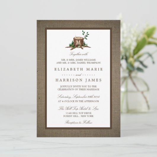 Landelijke bijtende monogramboom en bunkerbruiloft kaart (Staand voorkant)