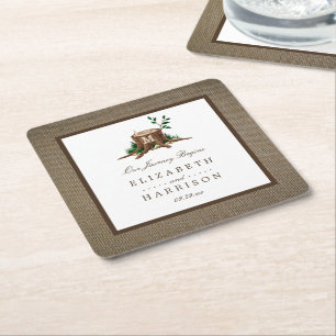 Landelijke bijtende monogramboom en bunkerbruiloft kartonnen onderzetters