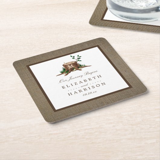 Landelijke bijtende monogramboom en bunkerbruiloft kartonnen onderzetters (Schuin)