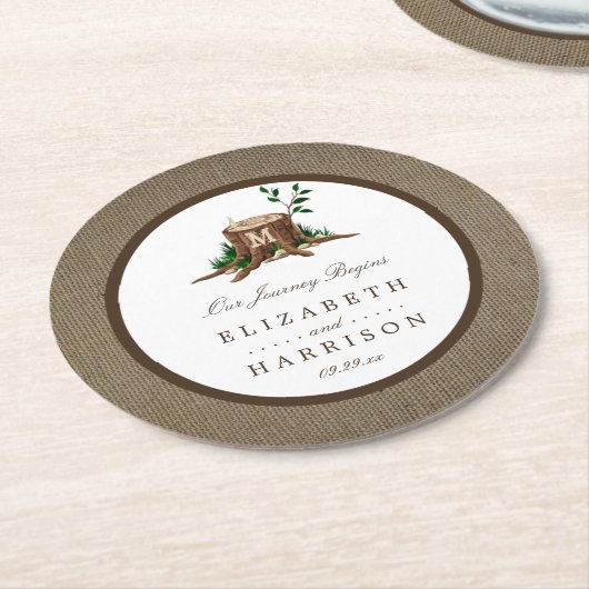 Landelijke bijtende monogramboom en bunkerbruiloft ronde kartonnen onderzetter (Gebogen)