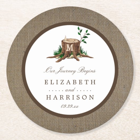 Landelijke bijtende monogramboom en bunkerbruiloft ronde kartonnen onderzetter (Voorkant)
