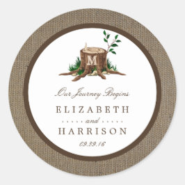 Landelijke bijtende monogramboom en bunkerbruiloft ronde sticker