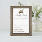 Landelijke bijtende monogramboom en bunkerbruiloft RSVP kaartje (Staand voorkant)