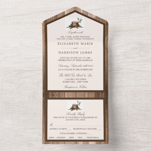 Landelijke bijtende monogrammen en houtwuwingen all in one uitnodiging (Binnen)