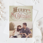 Landelijke bijtende typografie | Vakantieknopkaart Feestdagenkaart<br><div class="desc">kerstfotokaart met westerne typografie op faux  achtergrond.</div>