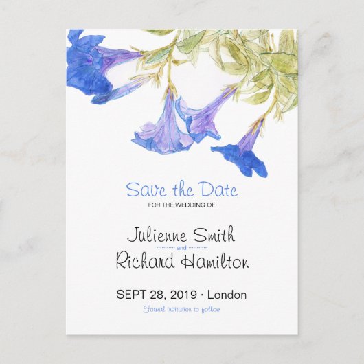 Landelijke Blauwe Bloemen Bruiloft Save the Date B Aankondigingskaart (Voorkant)