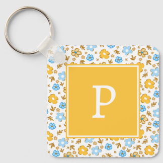 Landelijke blauwe gele lente bloemige monogram sleutelhanger