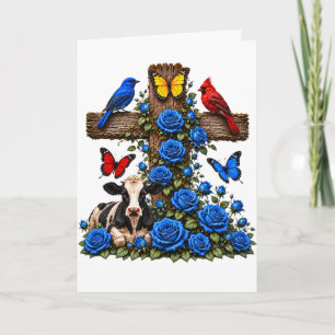 Landelijke blauwe rozen kruis koe en vogels blanco kaart