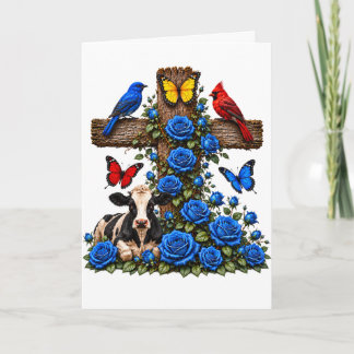 Landelijke blauwe rozen kruis koe en vogels blanco kaart