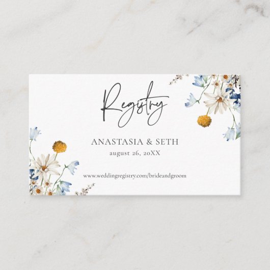 Landelijke blauwe veldbloemen en madeliefjes cadea informatiekaartje (Voorkant)