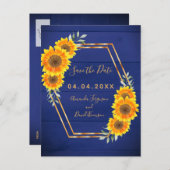 Landelijke blauwe zonnebloemen trouwkaart Save the Aankondigingskaart (Voorkant / Achterkant)