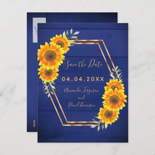 Landelijke blauwe zonnebloemen trouwkaart Save the Aankondigingskaart (Voorkant / Achterkant)