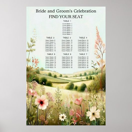 Landelijke bloem bruiloft zitplaatsen op het platt poster (Voorkant)