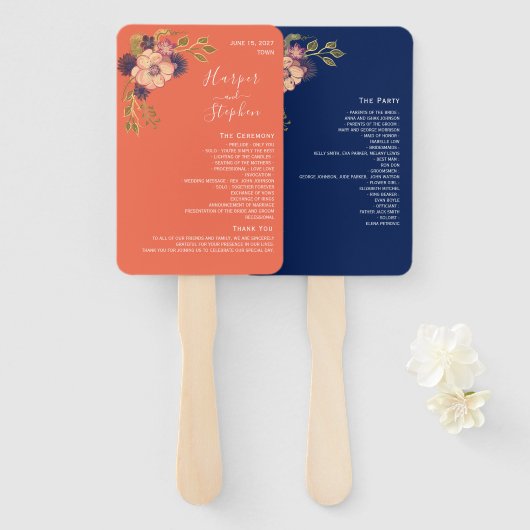 Landelijke bloem bruiloftsprogramma handventilator handwaaier (Voorkant en achterkant)