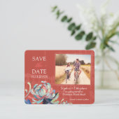 Landelijke Bloem Rode Trouwfoto Save the Date Kaart (Staand voorkant)