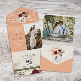 Landelijke Bloem Romantische Foto QR Code Trouwen All In One Uitnodiging