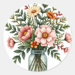 Landelijke bloemboeket in metselpotje botanisch  ronde sticker