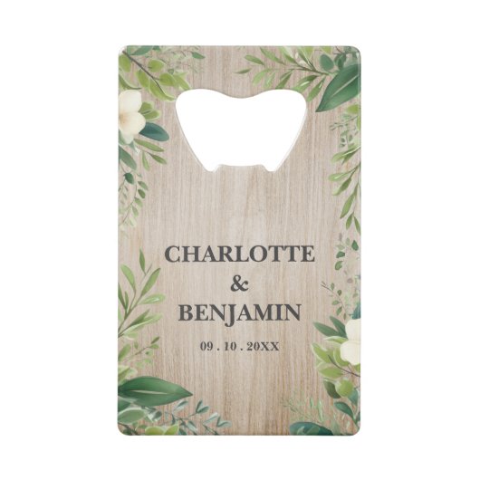 Landelijke bloemen- en bladrand Houten bruiloftsve Creditkaart Flessenopener (Voorkant)