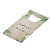 Landelijke bloemen- en bladrand Houten bruiloftsve Creditkaart Flessenopener (Voorkant Gekanteld)