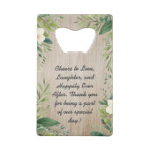 Landelijke bloemen- en bladrand Houten bruiloftsve Creditkaart Flessenopener (Achterkant)