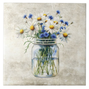 Landelijke bloemen Madeliefjes in vintage pot Tegeltje