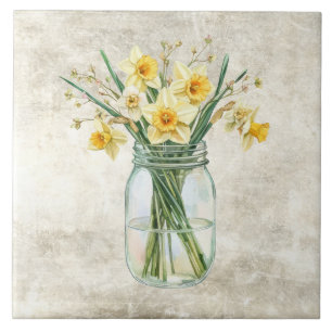 Landelijke bloemen Narcissen in vintage pot Tegeltje