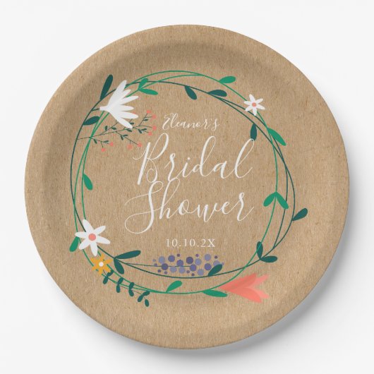 Landelijke bloemenguirlande bruidsuitnodiging papieren bordje (Voorkant)