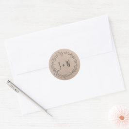 Landelijke bloemenkrans kraftpapier monogram ronde sticker