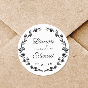 Landelijke bloemenkrans monogram bruiloft ronde sticker