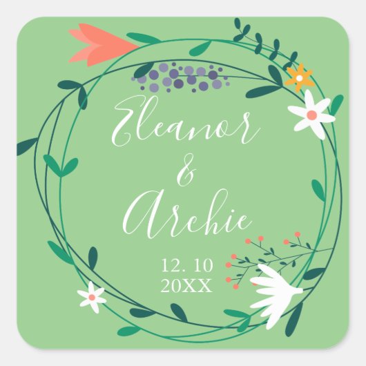 Landelijke bloemenslingers bruiloftsgeschenk vierkante sticker (Voorkant)