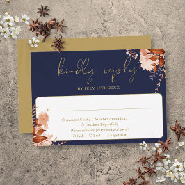 Landelijke Bloemige Elegante Navy Blauwe En Gouden RSVP Kaartje