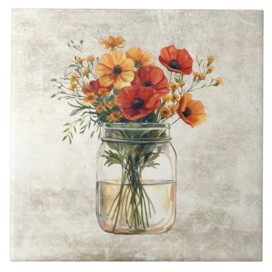 Landelijke bloemige klaprozen in vintage pot tegeltje (Voorkant)